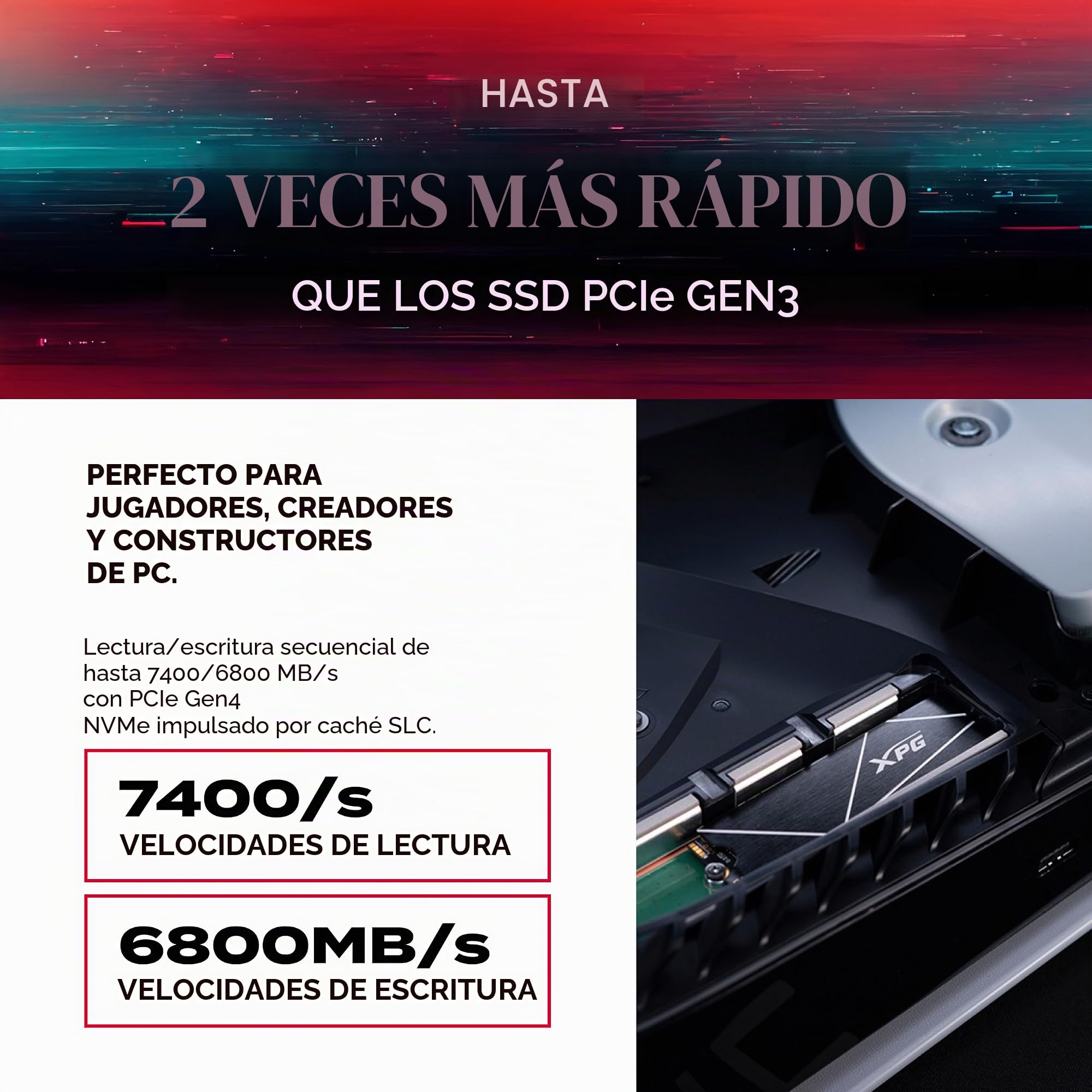 ADATA Unidad de Estado sólido XPG GAMMIX S70 Blade 2 TBPCIe Gen4x4 M.2 2280 High-End-Gaming, Black