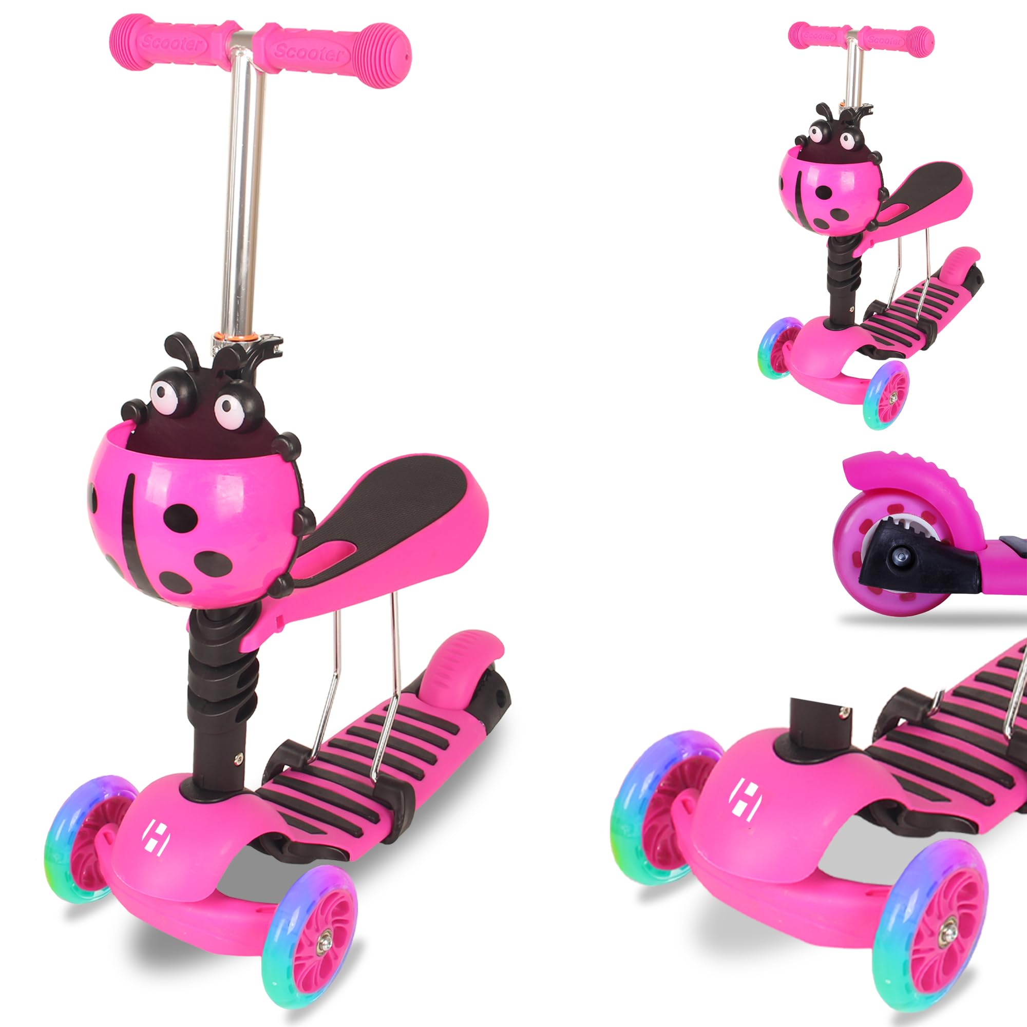 Habib Gruppe Patinete infantil 3 en 1 para niños y niñas, asiento extraíble, ruedas LED, manillar de altura ajustable, patinete para niños de 2 a 8 años
