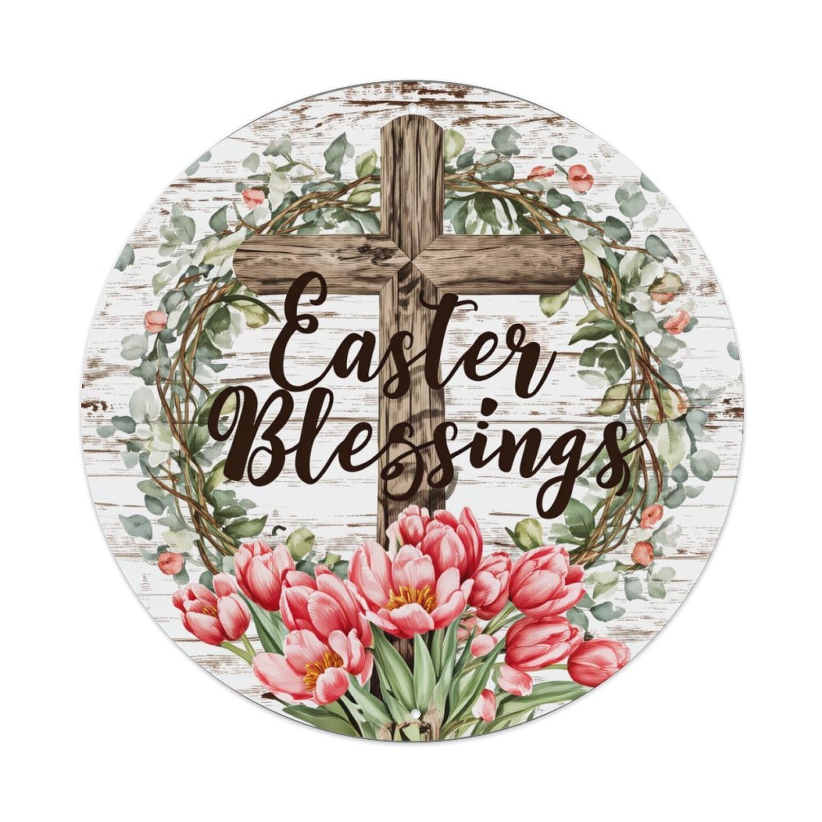 Easter Cross Floral Wreath Tulips Round Tin Sign Vintage Metal Poster, Home Bar Garage Man Cave Cafe Indoor & Outdoor Wall Decoration 8x8Inches