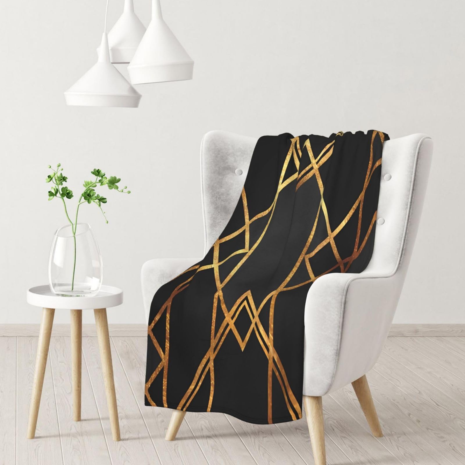 Yofien Black Gold Geometricflannel Throw Fluffy Blanket For Couch, Soft Cozy Blankets