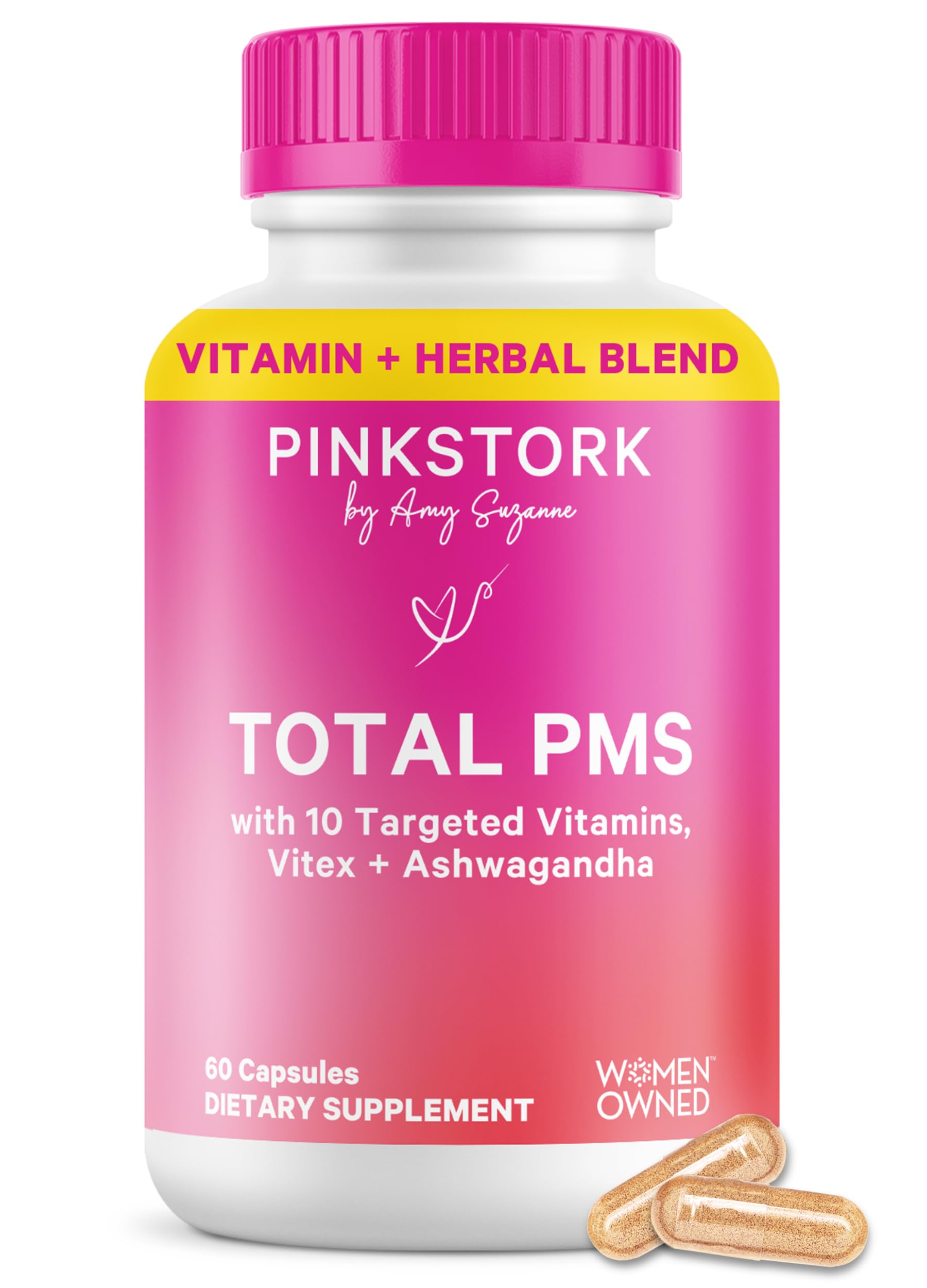 Pink Stork PMS Supplement for Women - Vitex, Ashwagandha, Maca Root & 10 Vitamins & Minerals to Support Hormone Balance, Mood, Bloating, Period Regularity - 60 Capsules