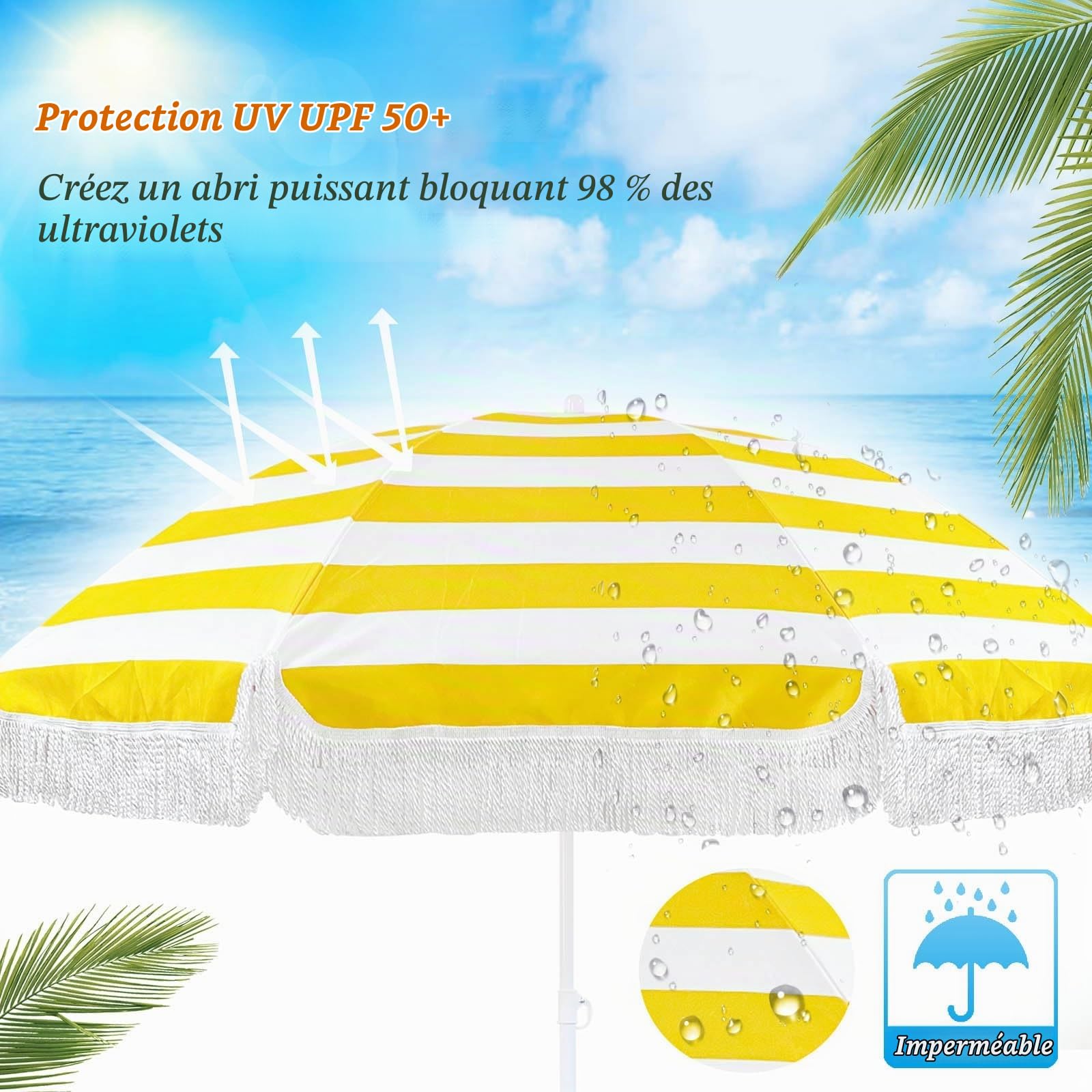 Parasol de Jardin Plage Anti UV 50+ 180cm Inclinable Frange Jaune Blanc Rayé Balcon Terrasse Extérieur