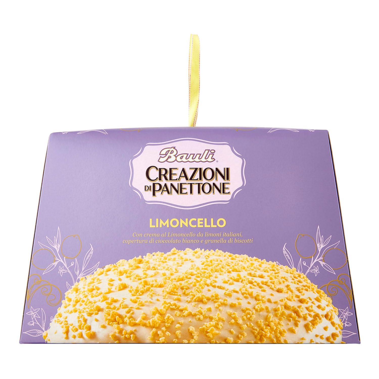 Bauli Creazioni di Panettone Limoncello Weihnachtskuchen mit Zitronencreme mit weißer Schokolade und Kekskörnern überzogen 750g