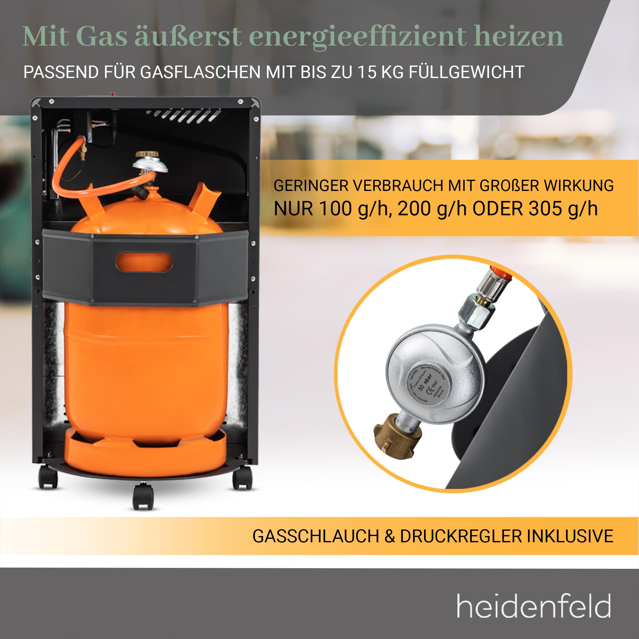 Heidenfeld Gasheizung Inferno GH100 | 𝟑 𝐉𝐀𝐇𝐑𝐄 𝐆𝐀𝐑𝐀𝐍𝐓𝐈𝐄 - 4200 Watt - Heizstrahler - Gasheizung für Innenräume - Gasofen - Gasheizer - Gasflaschen bis 15 Kg - Gasschlauch (Schwarz)