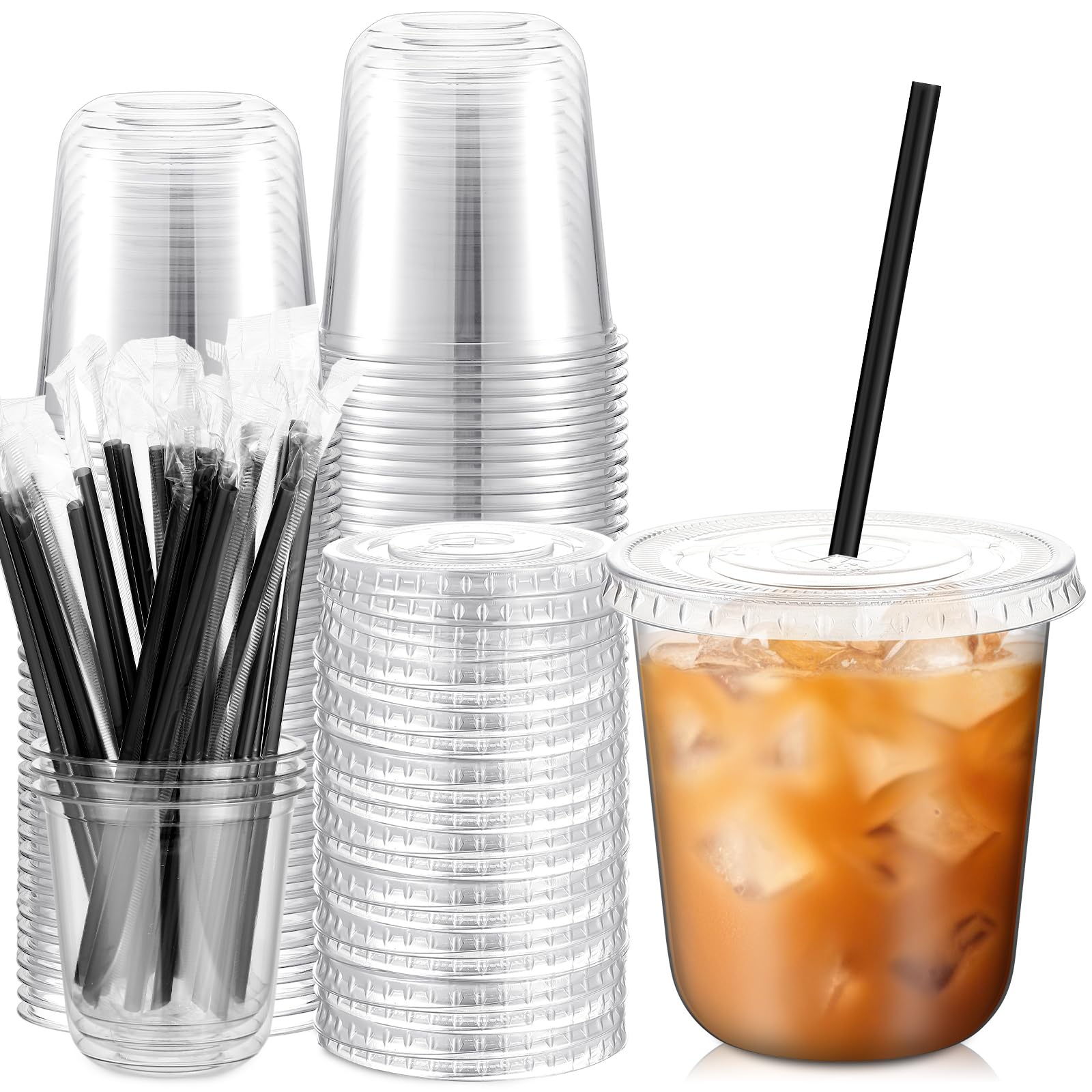 Photo 1 of Ziliny 12 oz Clear Plastic Cups with Lids and Straws