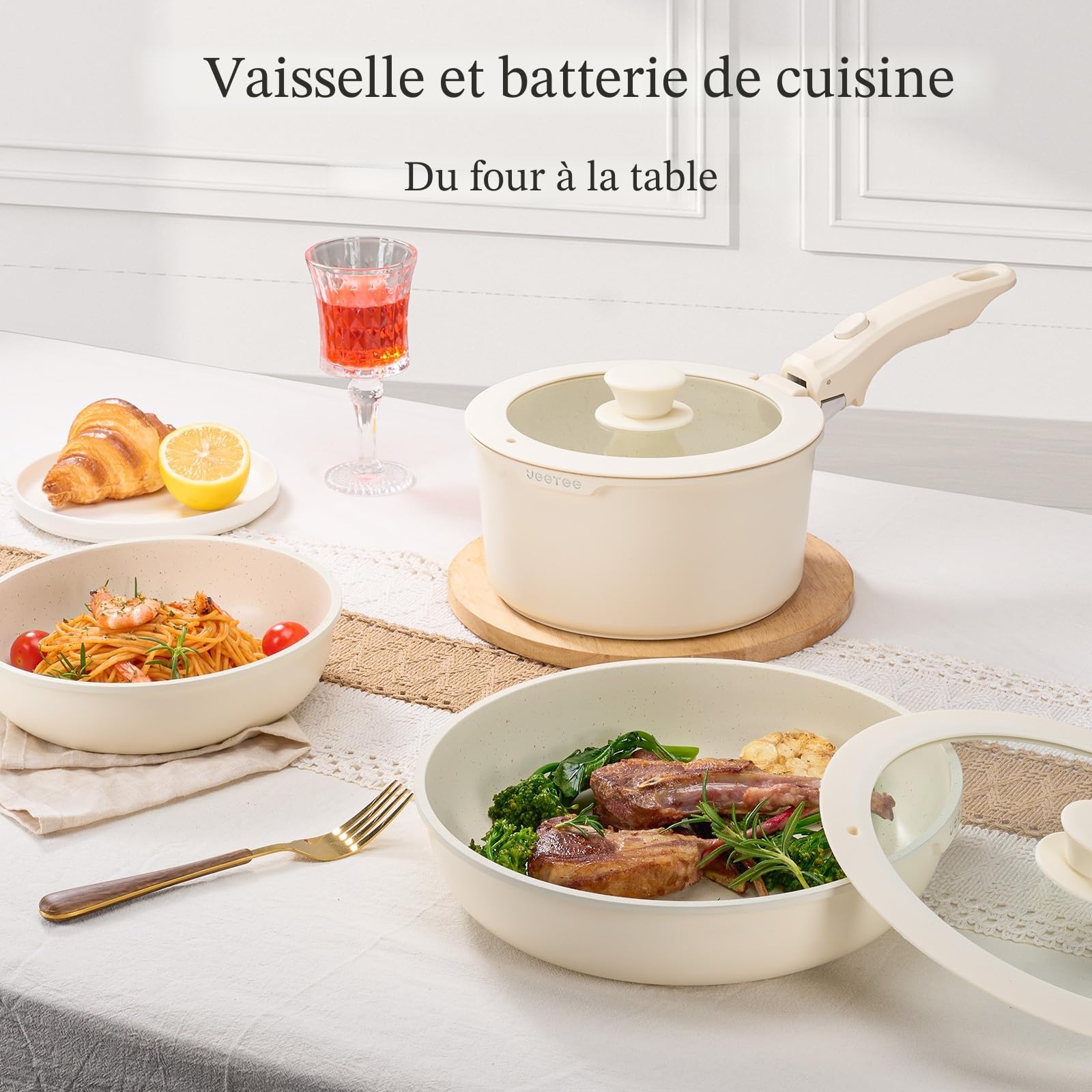 JEETEE Batterie de Cuisine Antiadhésive 20 Pcs, Sets de Poêles et Casseroles avec Poignée Amovible, Ensemble de Cuisine pour Camping-car, Empilable, Passe au Four, Sans PFAS/PFOA, Beige