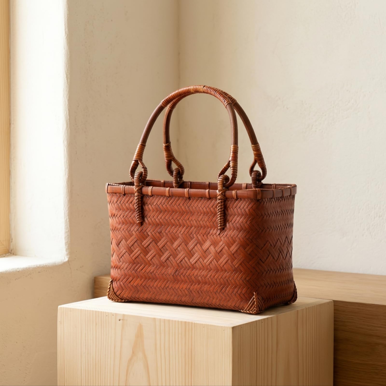 Cestino in Bambù Intrecciato Borsa Cestino Porta Accessori Contenitore Organizer con Manico Struttura Aperta Interno Foderato in Bambù Adatto a, style to 3