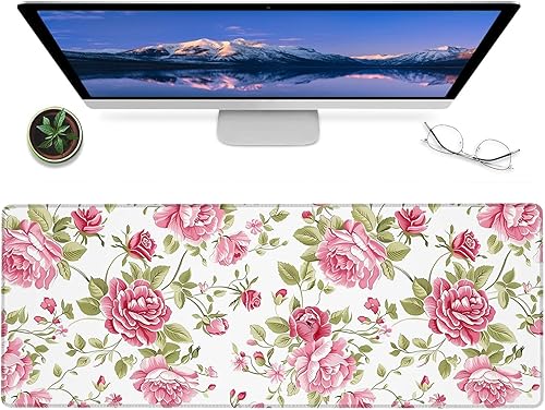 Miniatura 13 de Alfombrilla de mouse para juegos de rosa vintage pastel, alfombrilla de escritorio de goma antideslizante de 12 x 31.5 pulgadas con diseño floral