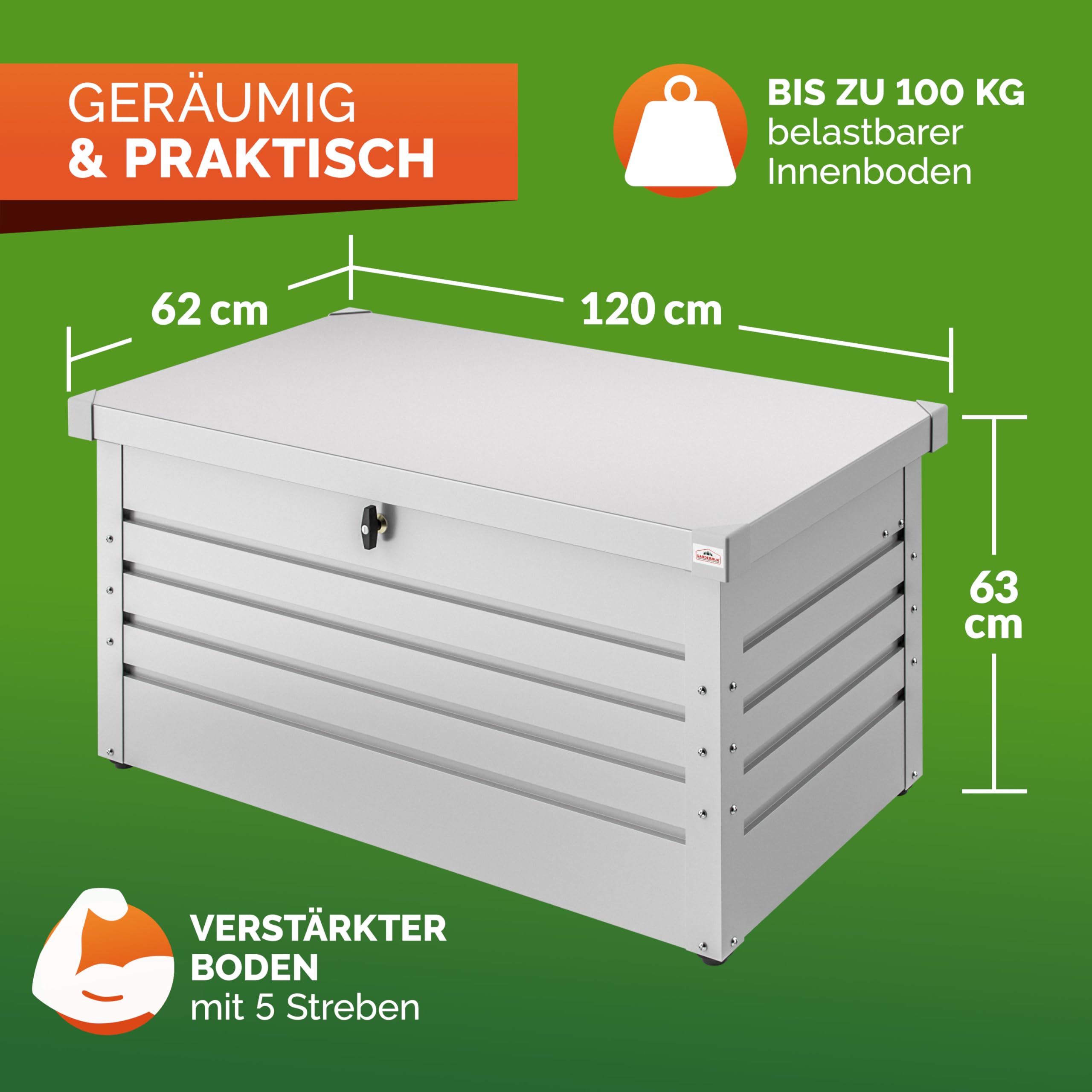 Gardebruk® Auflagenbox 385L Volumen Metall Abschließbar Gasdruckfeder 120x62cm Wetterfest Garten Balkon Keller Gartenbox Gartentruhe Weiß