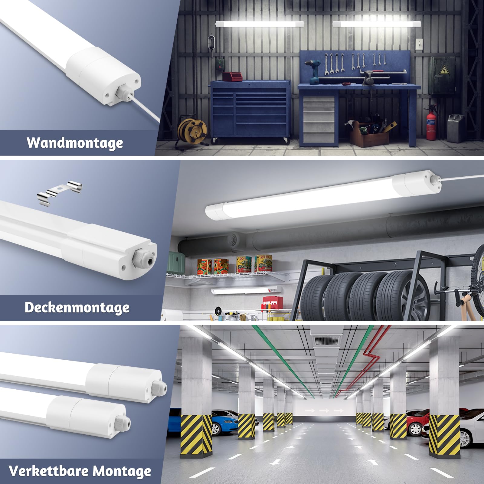 2 Piezas Fluorescente LED 150cm IP65 Impermeable, 20W 2200lm Tubo LED de Neón Acoplable, 4000K Lámpara de Techo LED para Oficina Garaje Taller Sótano Almacén Baño Cocina