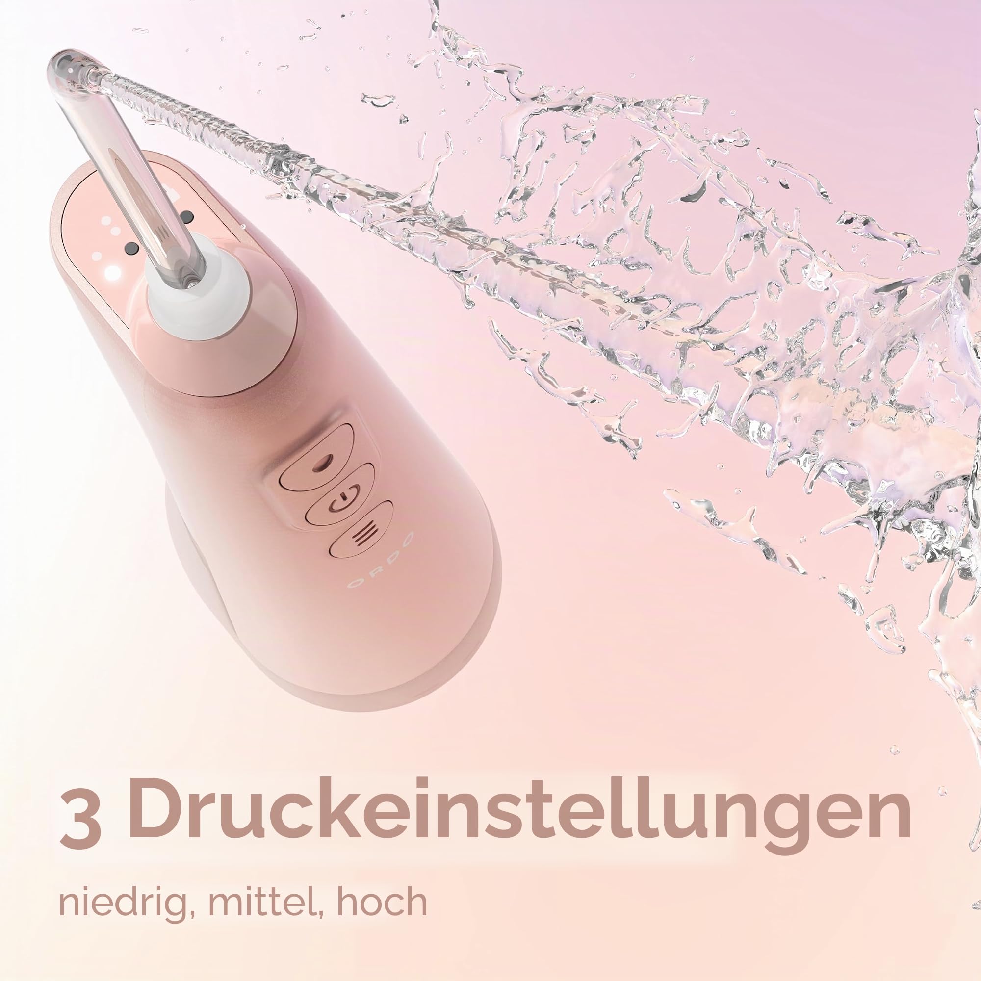 ORDO Hydro Sonic Munddusche, kabellos, 3 Druckstufen, Roségold | Munddusche für unterwegs, USB-Ladegerät, tragbar, von Zahnmedizinern empfohlene Munddusche