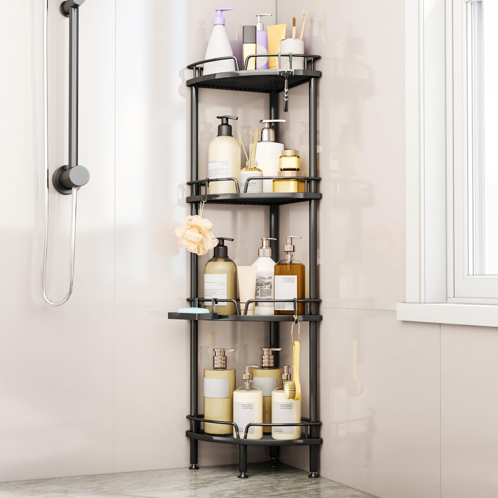 Consumest Corner Shower Caddy Stand - 4 Tier Shower Organizer with Soap Holder, Tall Floor Corner Shelf Standing with Adjustable Feet & 4 Hooks,