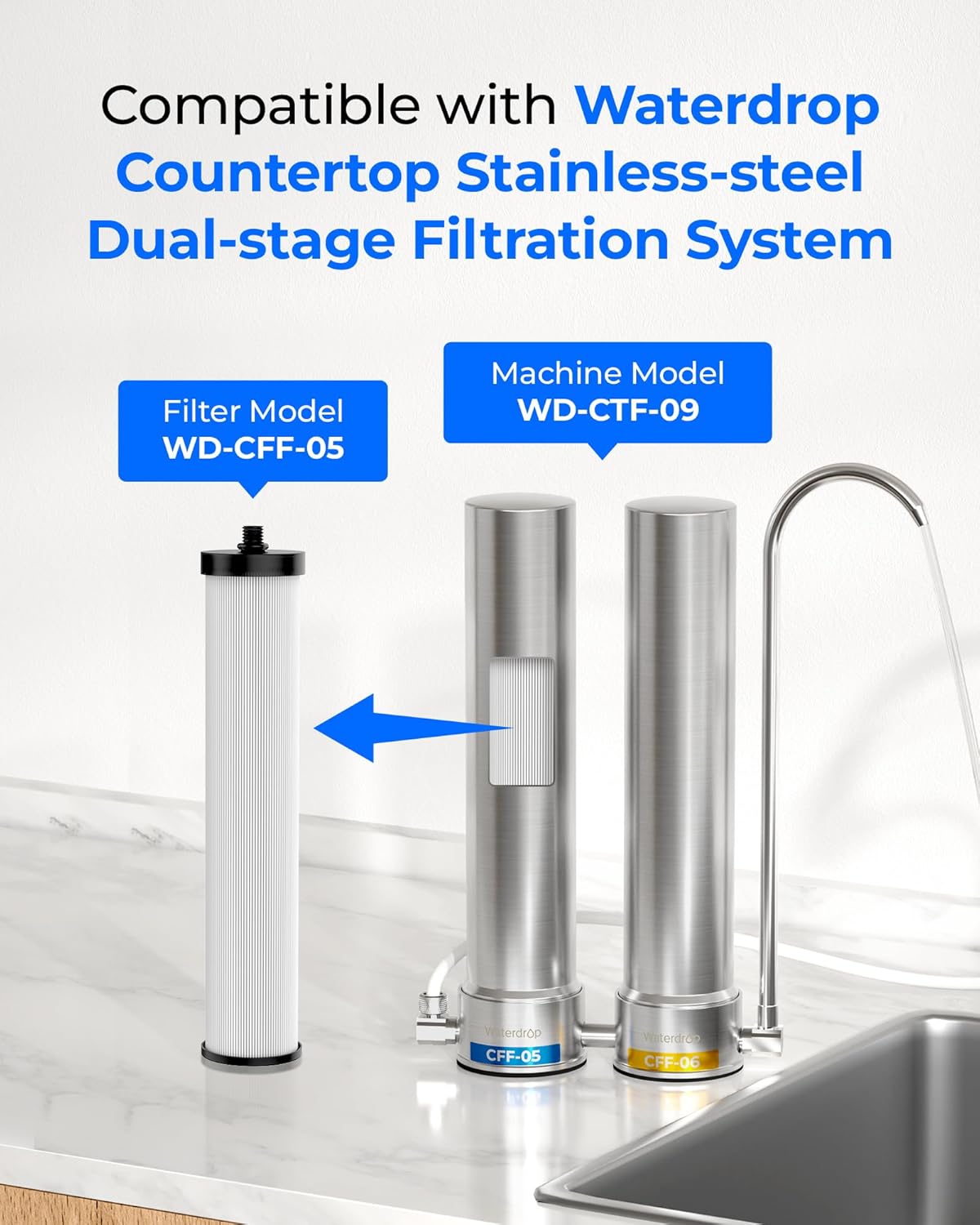 Waterdrop CFF-05 Silver Ions Water Filter Replacement for Waterdrop WD-CTF-09, Countertop Water Filter, 5000 Gallons Longer Filter Life, Reduces Chlorine, PFOA/PFOS, Sediment, Bad Taste & Odor