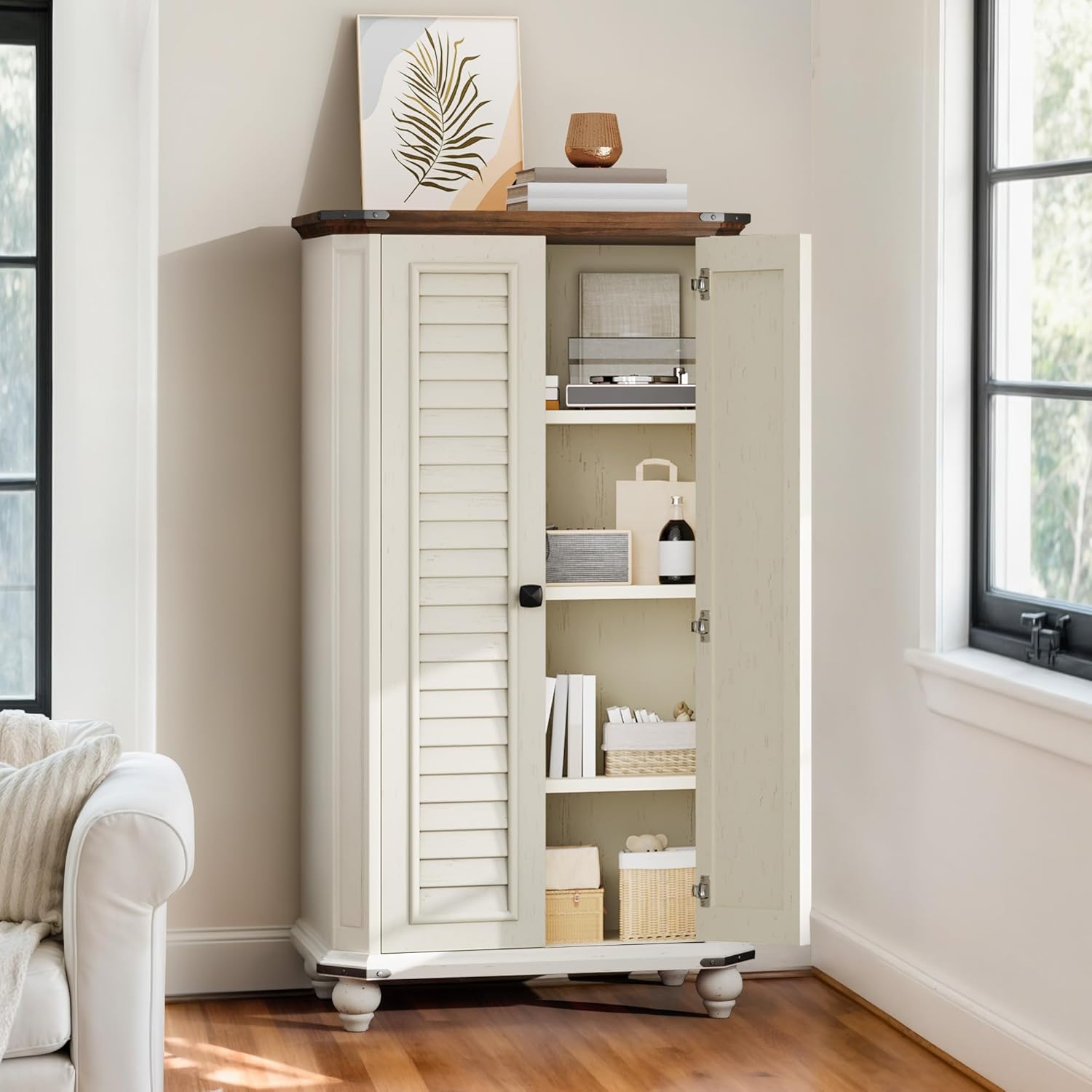 DWVO 4-Tier Storage Cabinet, 45.2" Farmhouse Kitchen Pantry Cabinet wth 2 Shutters-Doors & Adjustable Shelves, Wooden Tool Cabinet for Dining Room, Bathroom, Living Room, Laundry Room, Office, White