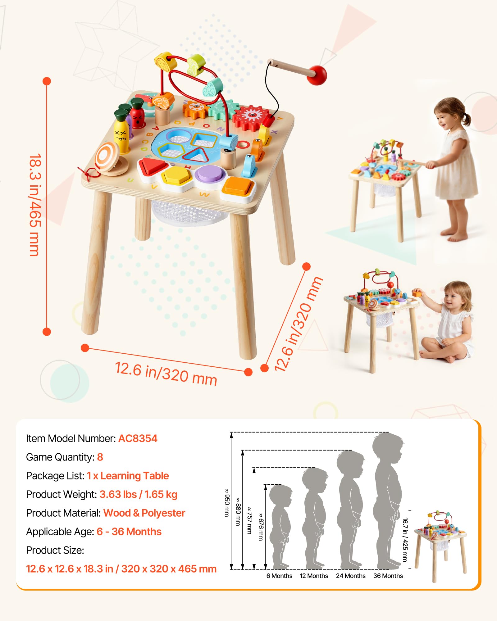 VEVOR Holz Aktivitätstisch, Montessori Spielzeug, 8-in-1-Lerntisch, Spieltisch Aktivitätstisch für Kinder ab 6 Monaten, Geburtstag, Weihnachten oder Kindertag, 6-36 Monate
