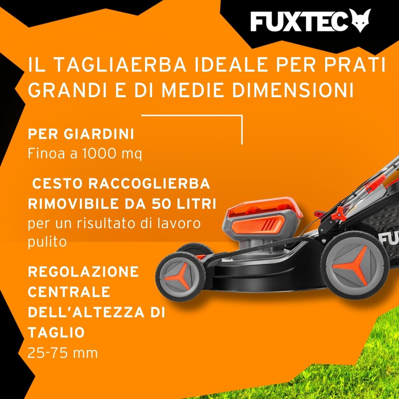 FUXTEC Tagliaerba a batteria 40V (2x20V) E2RM46 semovente, Mulching e Scarico Laterale - Set Batterie 2x4Ah e Caricabatterie - Larghezza di Taglio 46cm, 50L, Altezza di Taglio 25-75mm