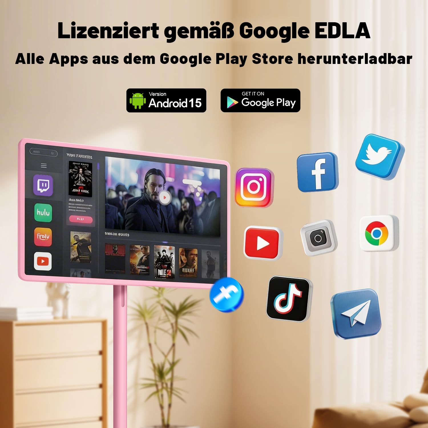 VLH 32 Zoll Portable TV, Mobiler Tragbarer Fernseher auf Rollen, Android 15, EDLA-Zertifiziert, 8G+128GB, Fahrbarer Akku TV auf Rollen mit Sprachfernbedienung, 10W Stereolautsprecher, 38.400mAh