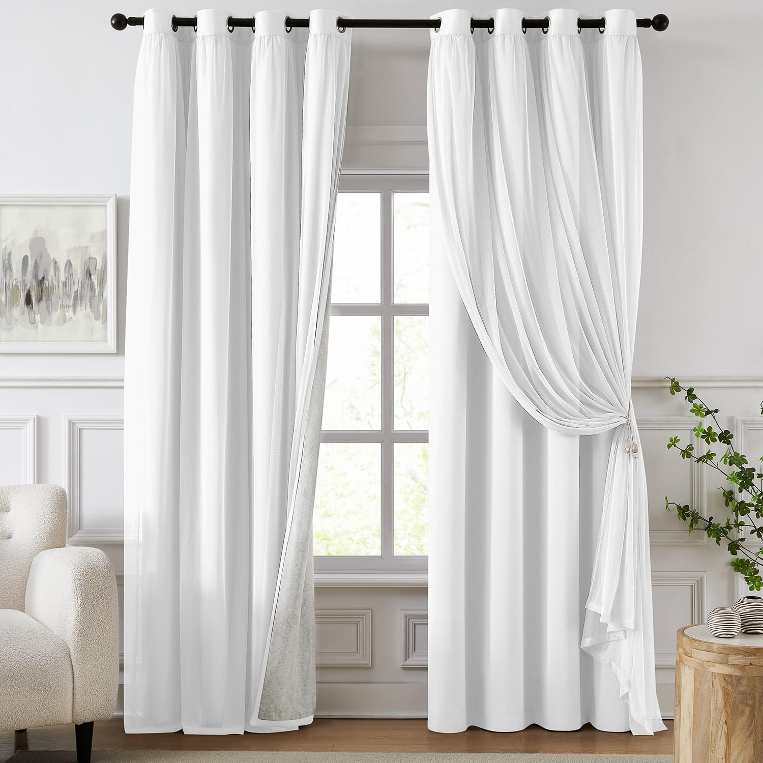 100% Blackout Curtains for Bedroom, Double Layer White 63" L