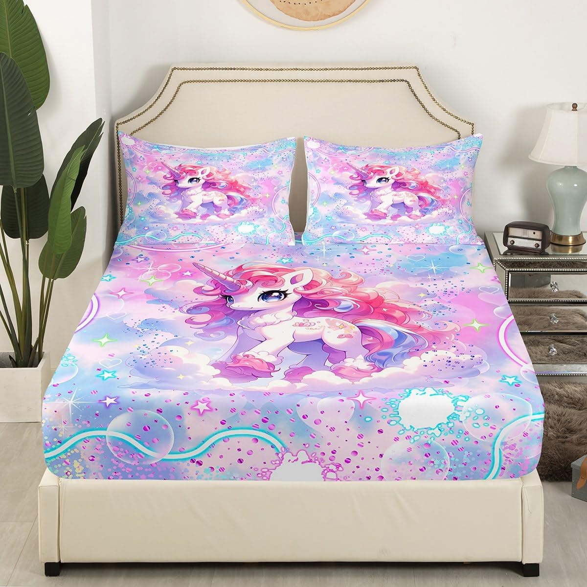 Axolotl Bedding Set Twin Size Sea Animals Bed Set for Girls Teens Bedroom Decor Kids Blue Pink Axolotl Fitted Sheet Soft Microfiber Colorful Stars Sky Bed Cover(1 Fitted Sheet+1 Pillow Case)