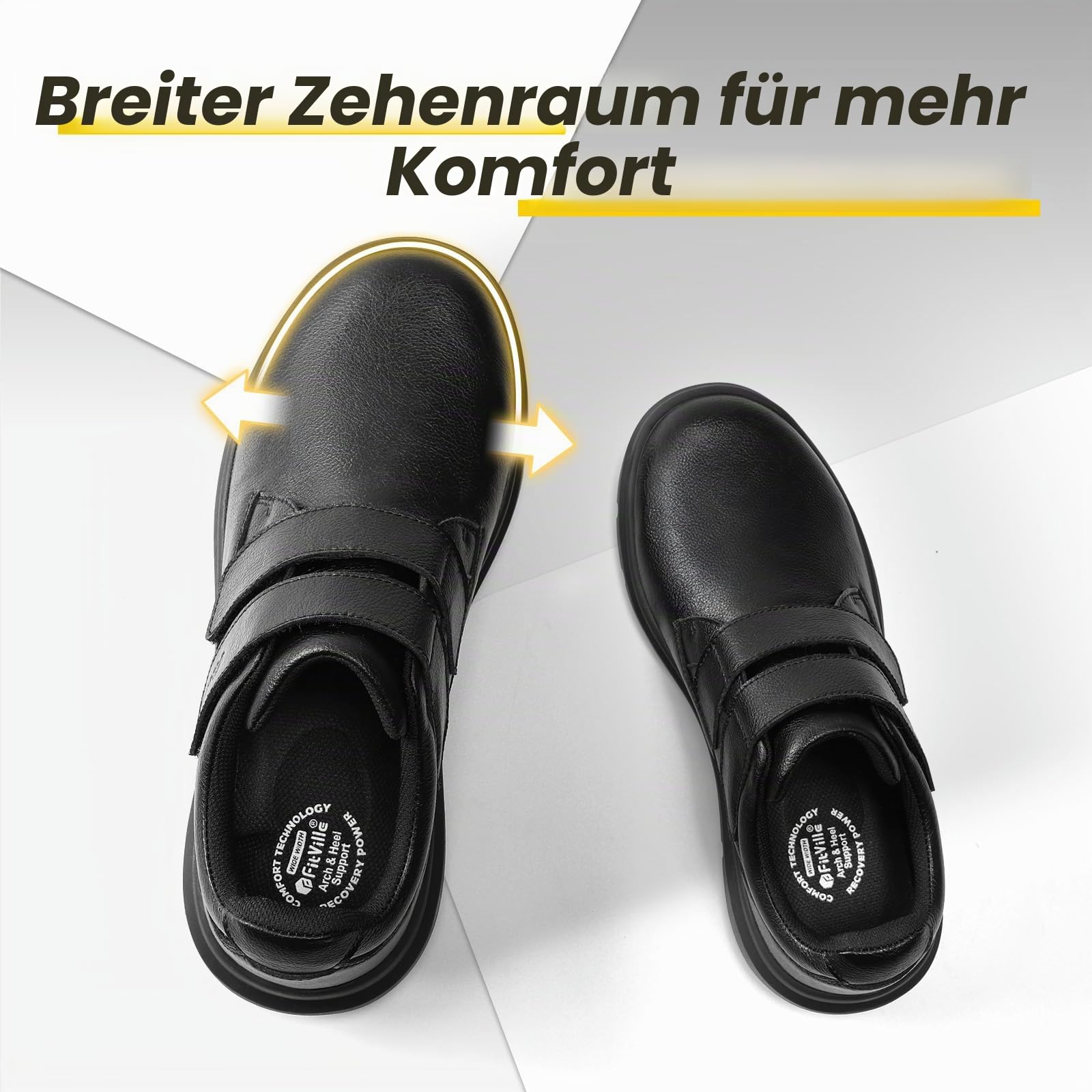 FitVille Leder Schuhe Herren Extra Weit Business Casual Walkingschuhe mit Klettverschluss Sneaker Bequeme Freizeitschuhe Lässige Hausschuhe