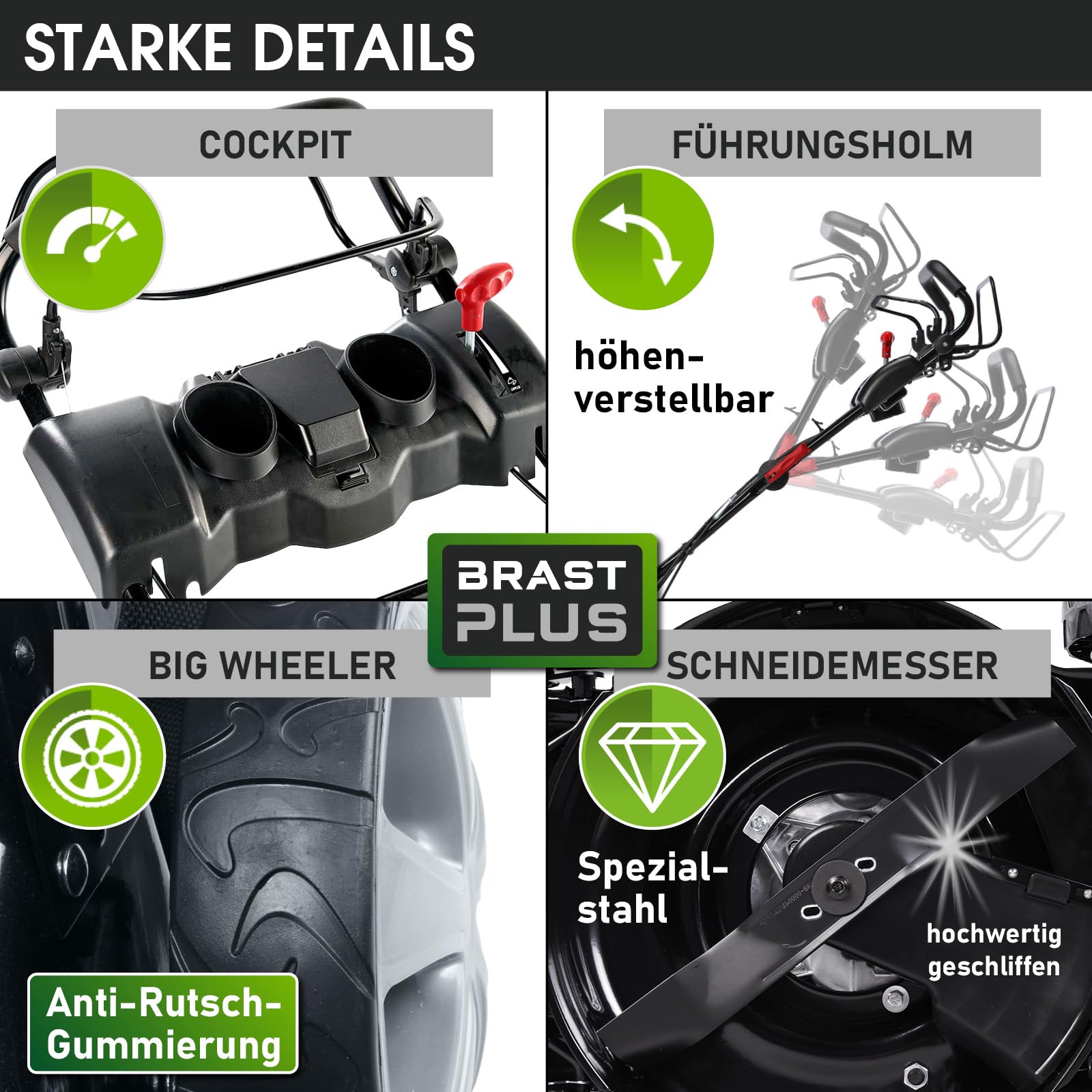 BRAST Benzin Rasenmäher mit Antrieb | 5,2kW (7PS) | 55cm Schnittbreite | viele Modelle | TÜV | 30-80mm Schnitthöhe | 60L Fangkorb | 4 Takt OHV Motor | Stahlgehäuse