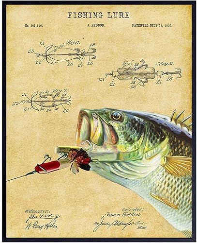 Fishing Patent Print - Fish Wall Art Poster - Rustic Vintage Home Decor for Beach or Lake House, Man Cave, Living Room, Office - Gift for Bass