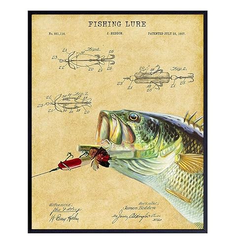 Fishing Patent Print - Fish Wall Art Poster - Rustic Vintage Home Decor for Beach or Lake House, Man Cave, Living Room, Office - Gift for Bass