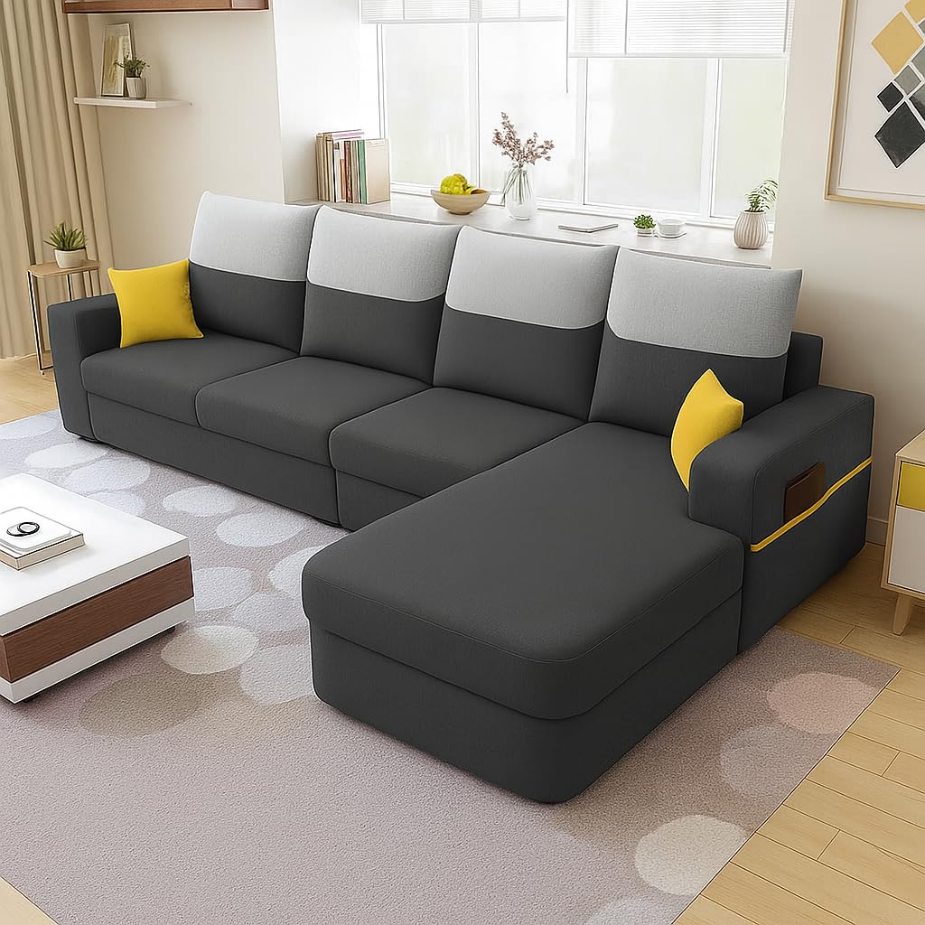 FURNY Premium Amega 6 Seater Fabric RHS L Shape Sofa Set for Living Room with Dual Color Cushions (Dark Grey)-image-6