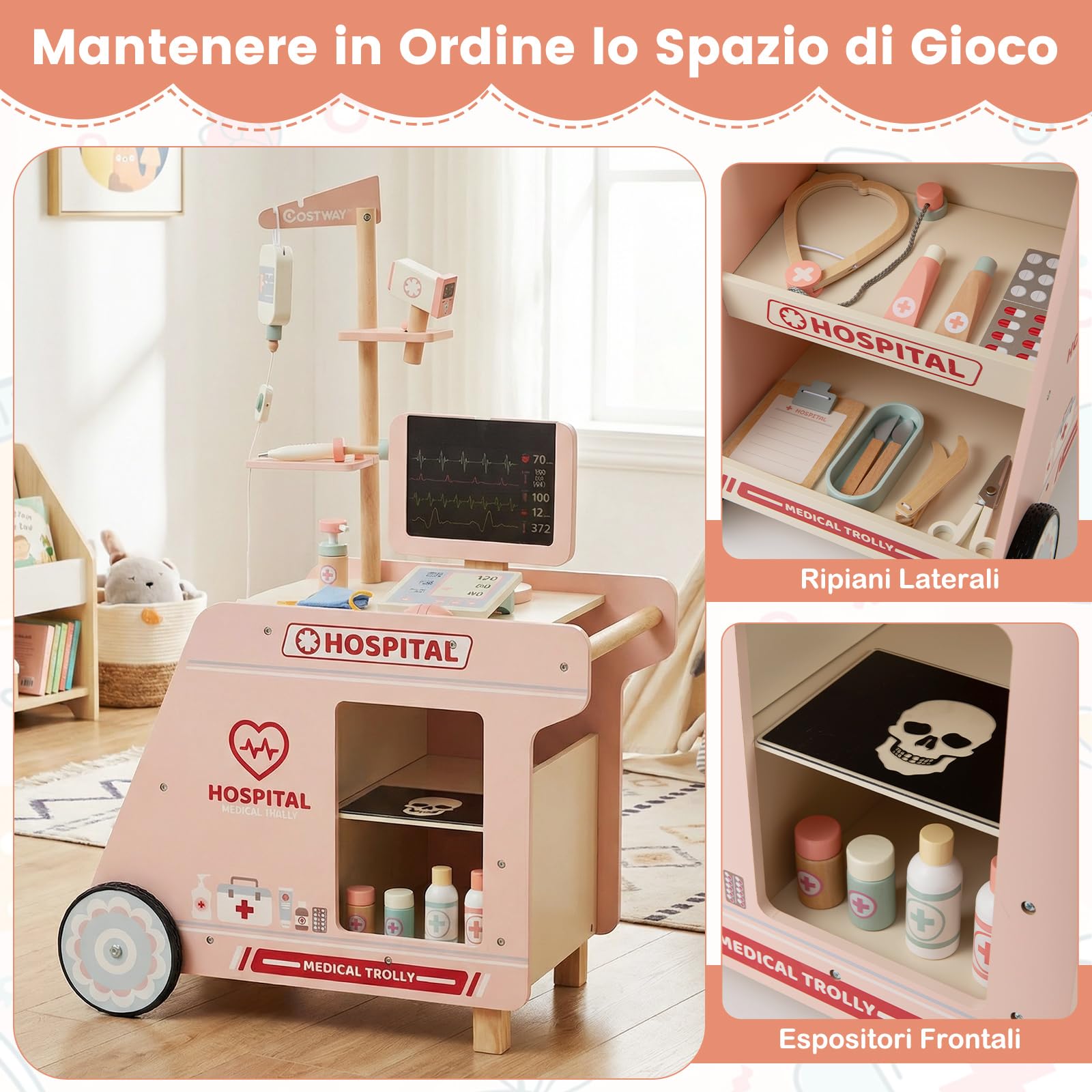 COSTWAY Kit Medico Giocattolo, Centro Medico per Bambini in Legno con Carrello, Macchina TC, Stetoscopio e Accessori Completi, Set Dottoressa Gioco Educativo, Regalo per Bambini 3+ Anni