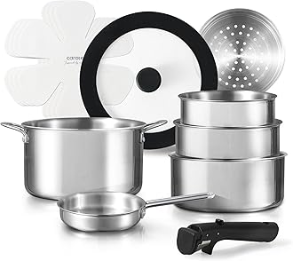 CAROTE 12pcs Pots and Pans Set, Stainless Steel Cookware Set Detachable Handle, Induction Kitchen Cookware Sets with Removable Handle, RV Cookware Set, Oven Safe, Camping Cookware, Pure Black