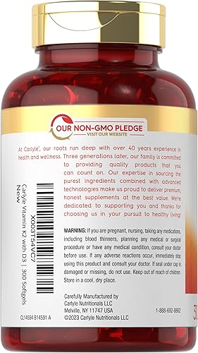Miniatura 3 de Carlyle Suplemento de vitamina K2 y D3  300 cápsulas blandas  200 mcg K2 MK7 y 250mcg D3  Sin OMG, sin gluten