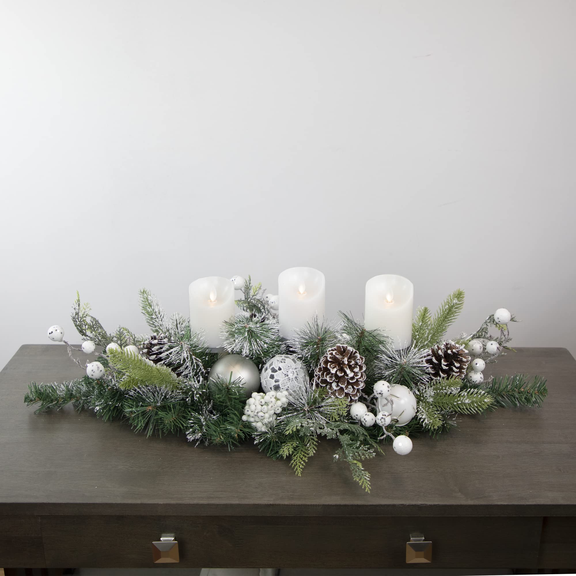 Northlight Frosted Pine and Pinecones with Laced Ornaments Christmas Triple Candle Holder - 32