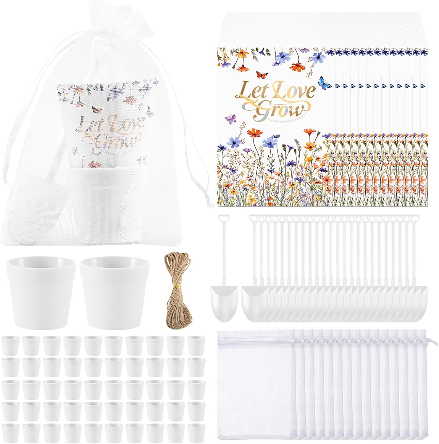 200 PCS Let Love Grow Wedding Favors for Guests Include 50 Flower Seed Packets 50 Pots 50 Organza Bags 50 Garden Shovel for Bridal Shower Wedding Party Favors, No Seeds