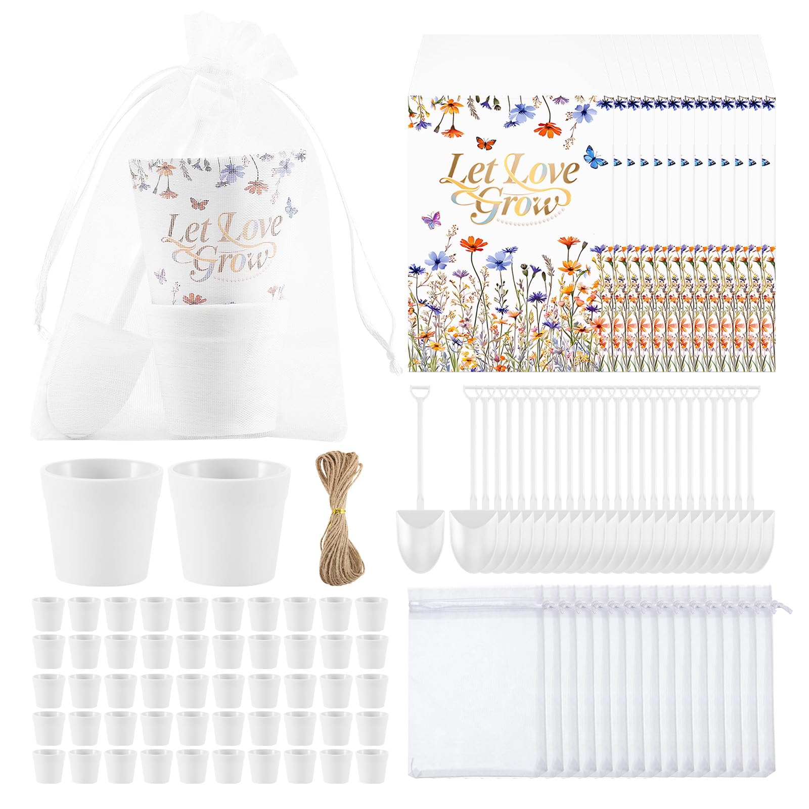 200 Stück Let Love Grow Hochzeitsgeschenke für Gäste, inklusive 50 Blumensamen-Paketen, 50 Töpfe, 50 Organza-Beutel, 50 Gartenschaufeln für Brautparty, Hochzeit, Party, Gastgeschenke, Keine