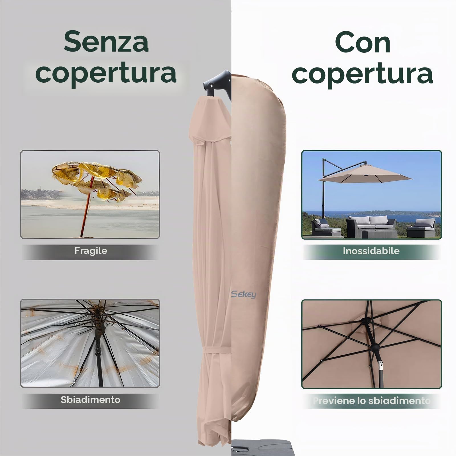 Sekey Custodia per Ombrello a Lampione/Ombrello, Copertura Protettiva | 265×48/70 cm – Poliestere 100% Impermeabile, Resistente all’UV