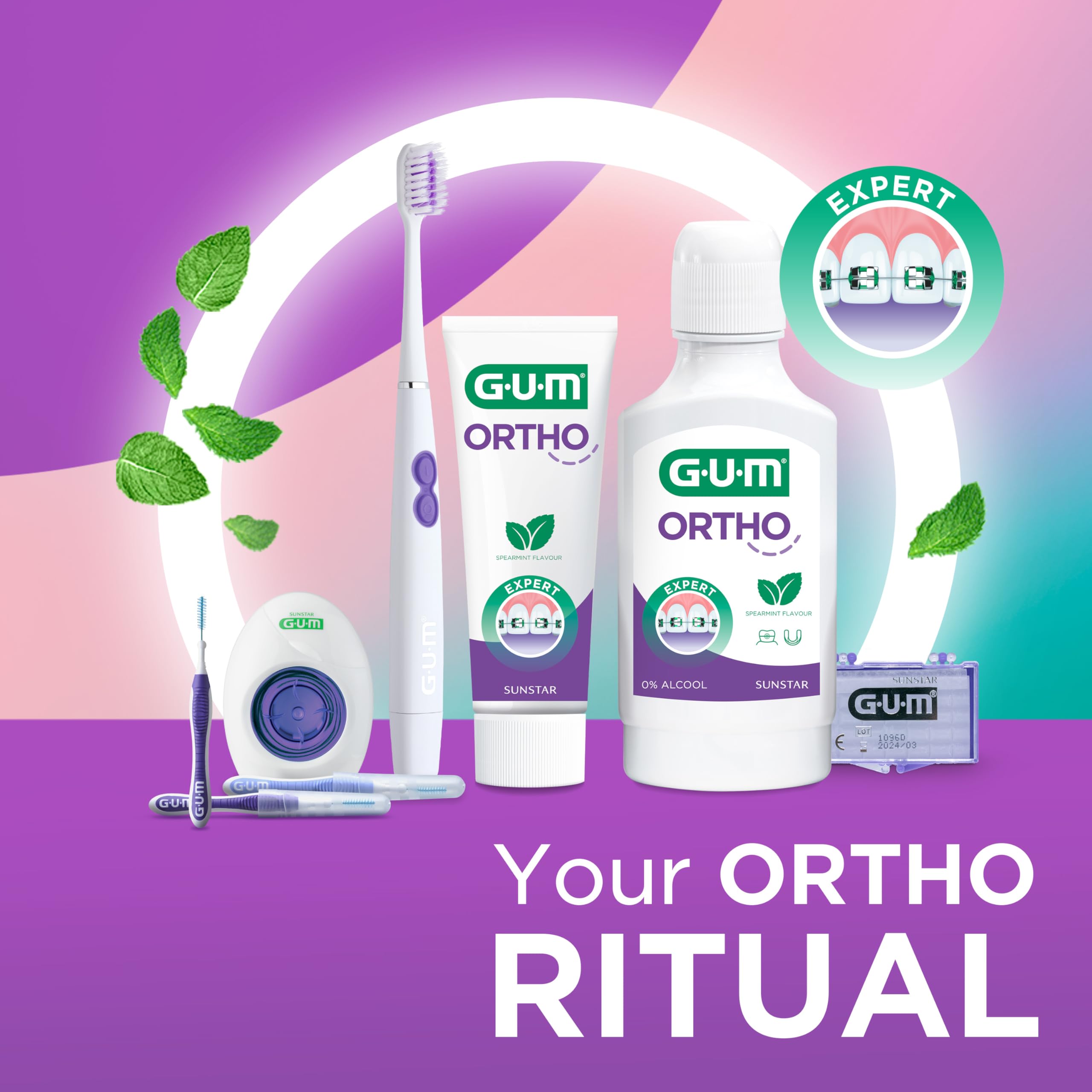 GUM Ortho - Enjuague bucal especial para portadores de aparatos ortopédicos, reduce la formación de placa, fortalece el esmalte dental, sin alcohol, sabor a menta, 12 x 300