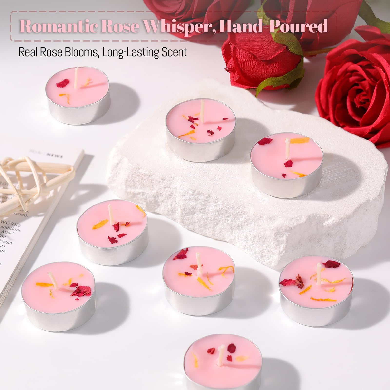 Świece tealight o zapachu róży, świece herbaciane z suszonymi kwiatami, 4H bezdymny wosk palmowy, różowa świeca do herbaty, na wesela, Boże Narodzenie, do spa, kąpieli, 15 szt