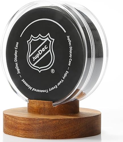 JupDec Estuche de exhibición de discos de hockey acrílico transparente con base de madera, soporte de exhibición de recuerdo de autógrafo,