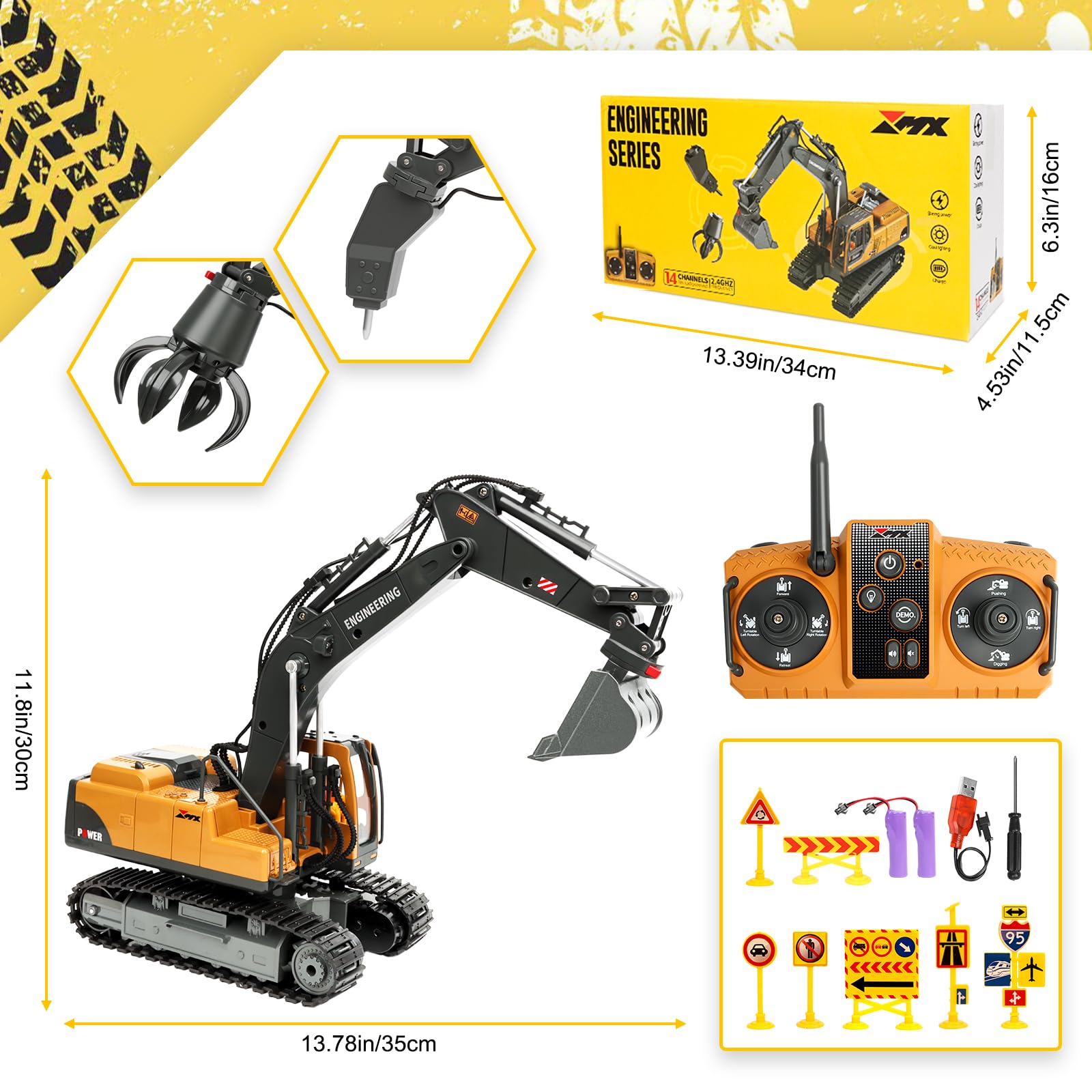 Charmofun Escavatore Radiocomandato 3-in-1, Giocattolo RC con 3 Teste in Metallo, Cabina Rotante 680° con Luci e Musica, Regalo per Bambini 3-12 Anni