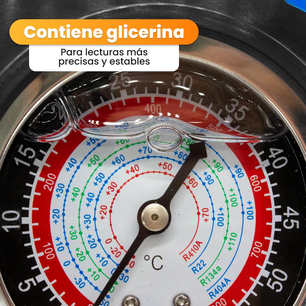 Manómetro con glicerina Maletin Set Manometros para Aire Acondicionado con Glicerina para Precisión Gas Refrigerante R22, R134a, R410 Manómetro para Recarga de Gas Refrigerante Antivibraciones