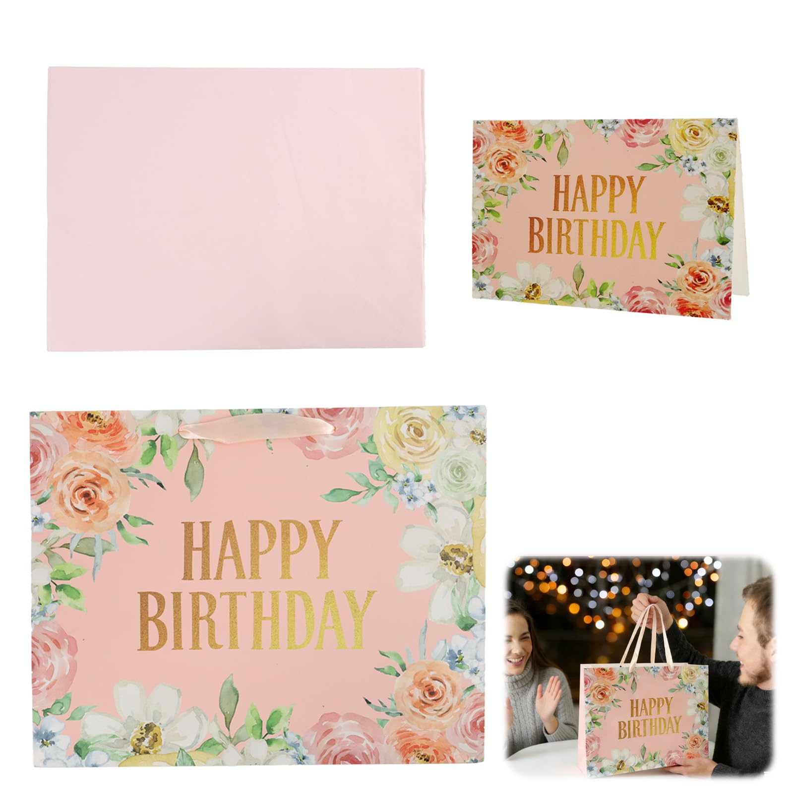 LUCTHY Large Birthday Gift Bag with Handles, 3 Tissue Papers, Card, Pink-1 - Image 8