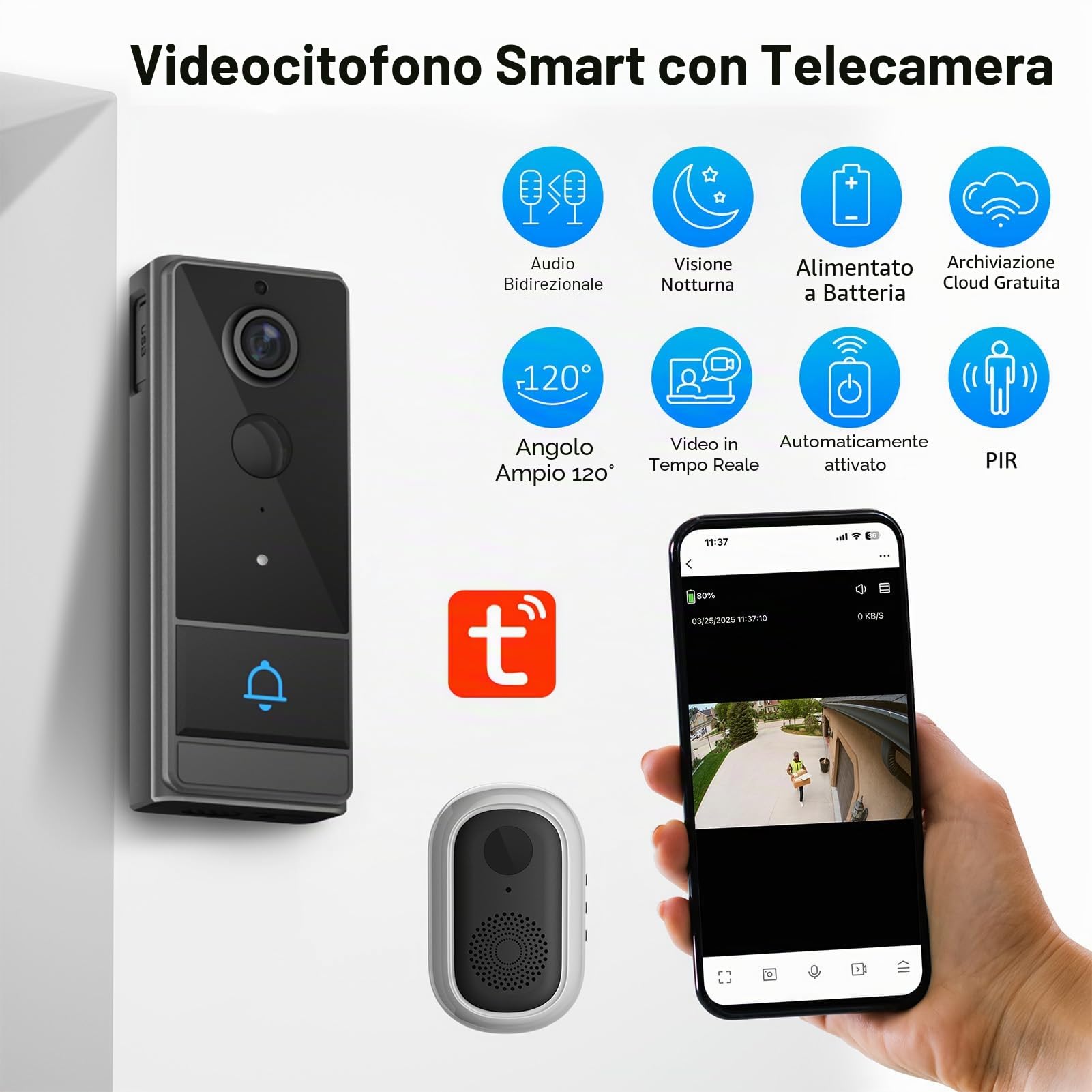 Smart Smart WiFi, campanello senza fili, intercom con PIR Wakeup 1280 x 720, visione notturna, due possibilità audio, IP65, Water Proof for Home Security,