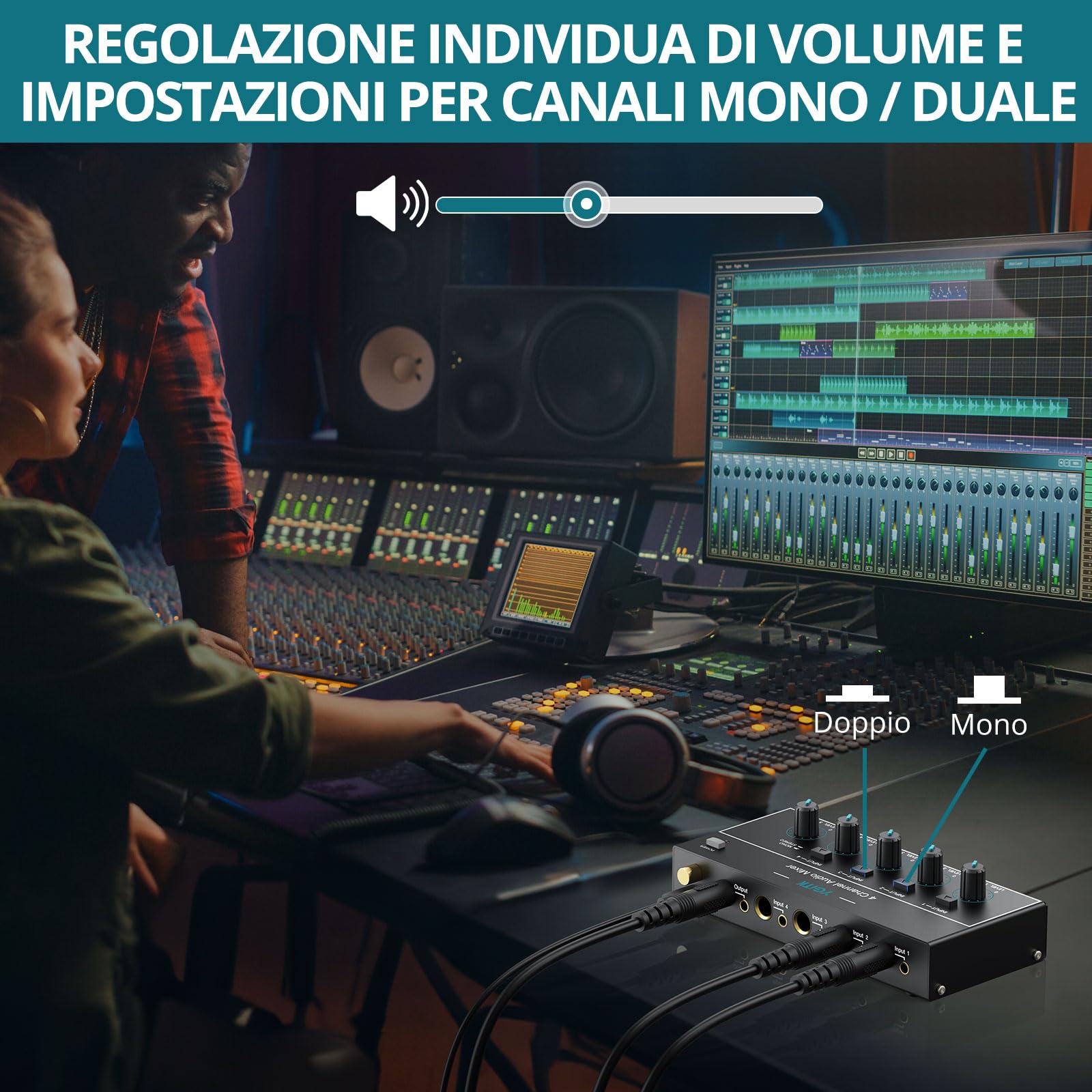 Mixer Audio 4 Canali Compatto con Interfaccia 6.35mm/3.5mm, Controllo Volume Indipendente e Alimentazione USB-C - Per Home Studio, Live Bar e DJ Portatile