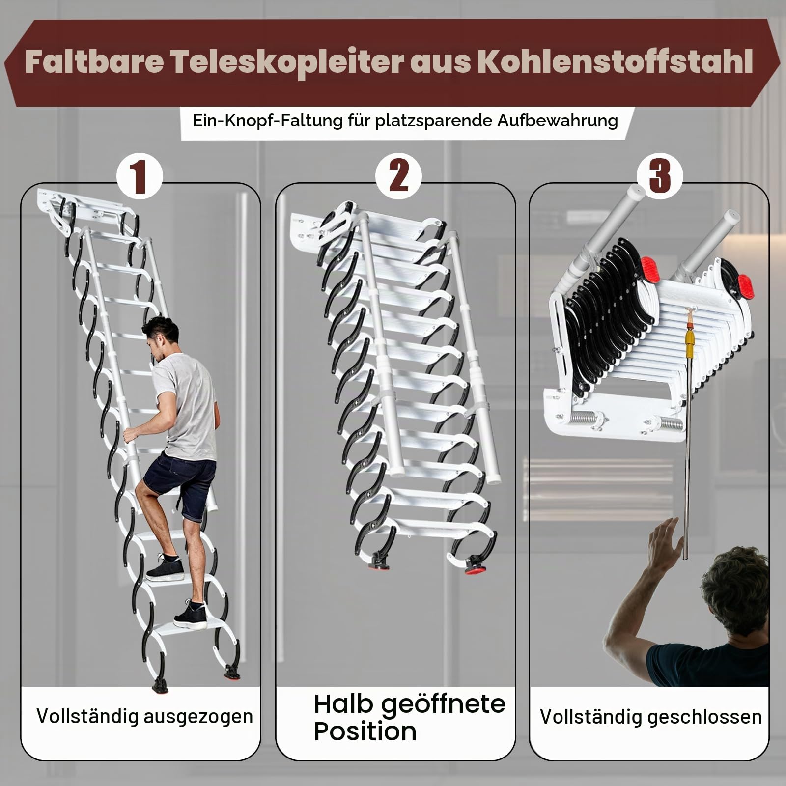 12 Stufen Wandmontierte Dachbodenleiter, Einziehbare mit 2 Handlauf Ausziehbare Klappleiter, Robustem Faltsystem, für Wohnzimmer, Büro, Schlafzimmer, Garage & Balkon (2.9-3.0m/9.5-10ft)