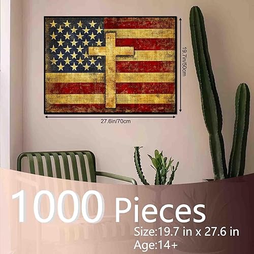 Miniatura 3 de Rompecabezas vintage de la bandera estadounidense de 1000 piezas para adultos, rompecabezas de Cruz cristiana de Estados Unidos para desafiantes