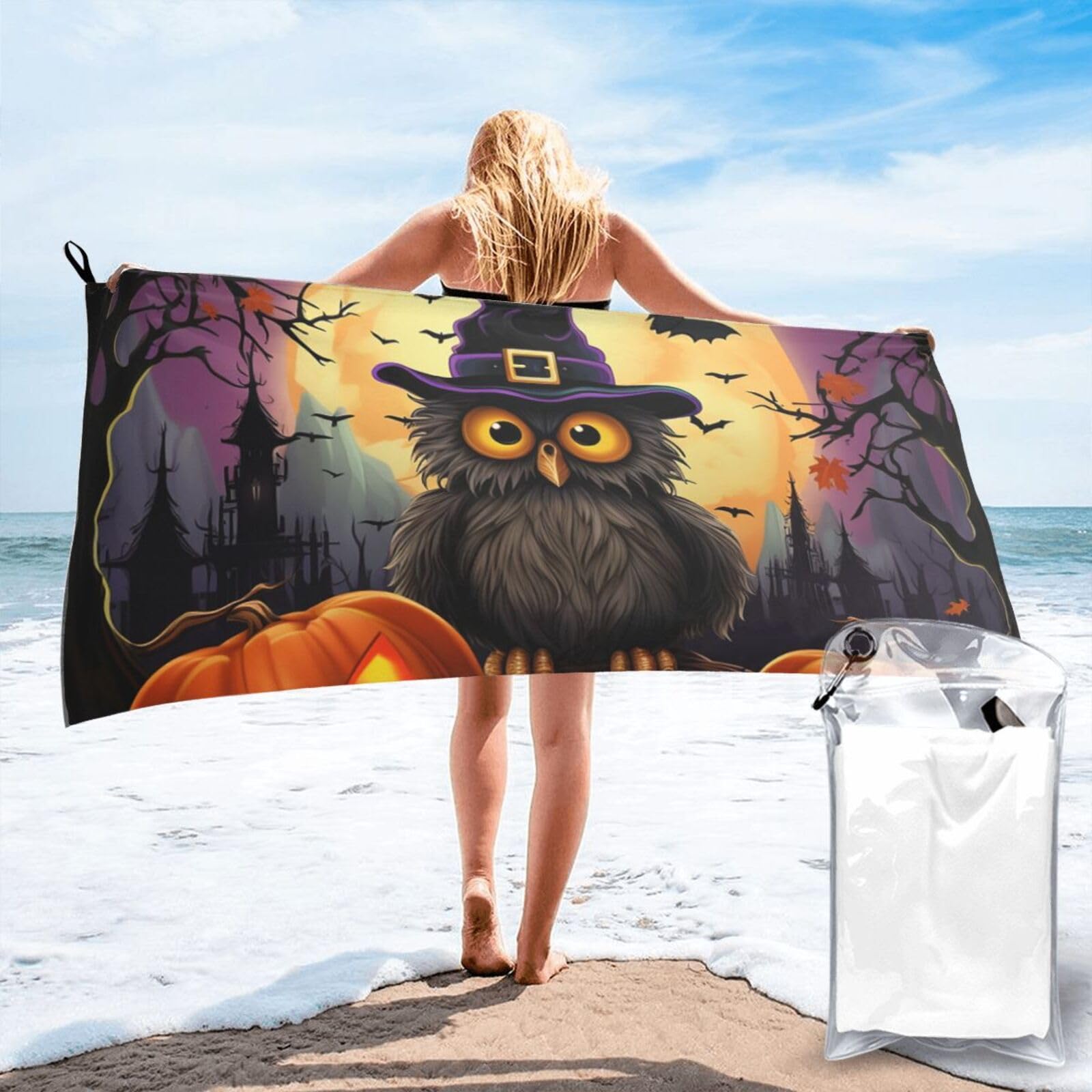 Microfiber Sand Free Beach Towel 27.5"x55", Quick Dry Absorbent Travel Towel Large Camping Blanket, Halloween Owl Ghost Pumpkin Bath Towels Lightweight Pool Swim Towels for Vacation Essentials