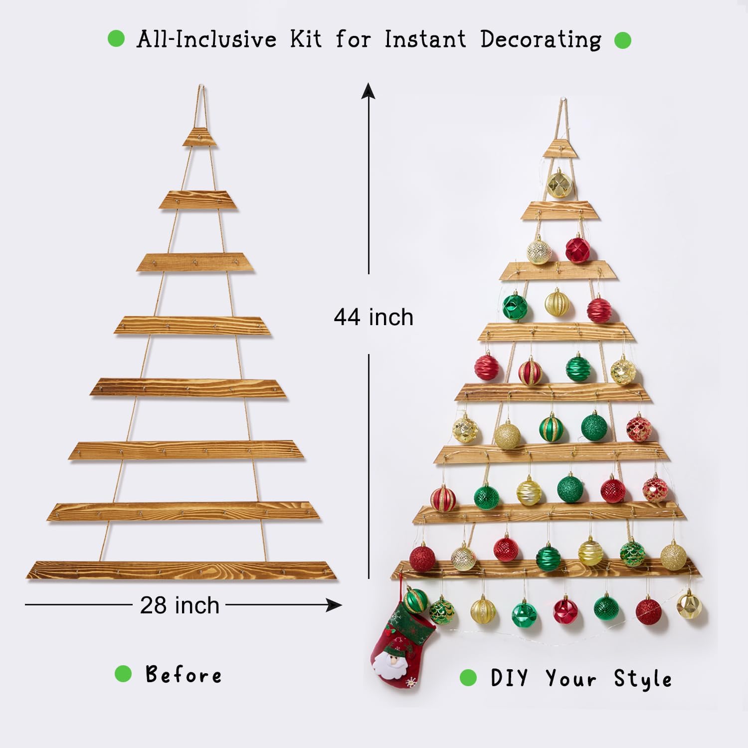 44" Wall Hanging Christmas Tree with Remote LED Lights and 36 Ornaments, Lighted Wood Christmas Tree for Living Room, Bedroom Holiday Wall Decor