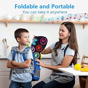 Electric Drum Set, 9 Drum Practice Pad, Roll-up Electronic Drum Pad with Headphone Jack Built-in Speaker Drum Sticks Foot Pedals, Gift for Kids