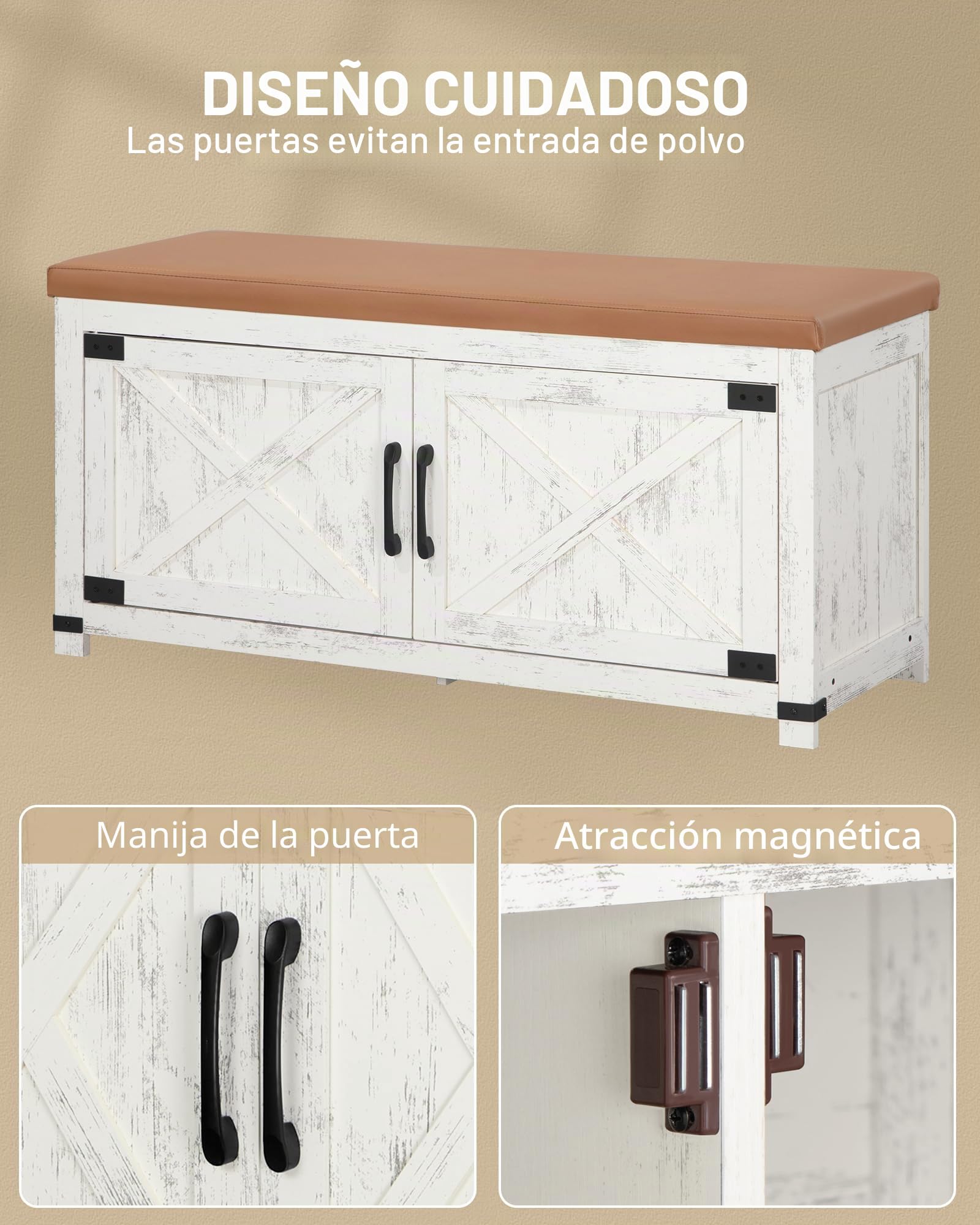 Hzuaneri Banco Zapatero con cojín, Mueble Zapatero Entrada con Puertas, 8 Pares de Zapatos, 35 x 100 x 49 cm, Entrada, Dormitorio, Sala de Estar, Blanco y marrón SB26614KA