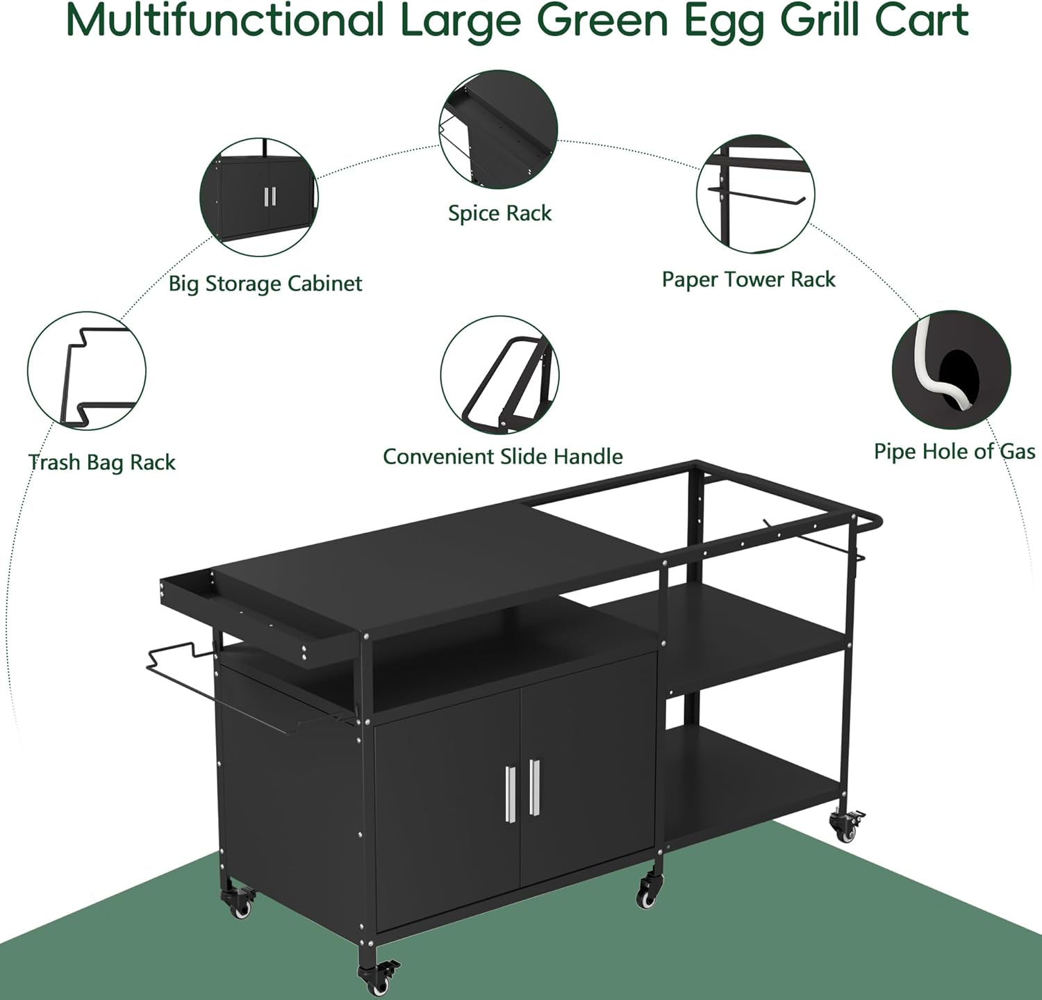 Mobile Grill Cart Compatible with Big Green Egg, Heavy Duty Metal Grill Table for Large/Medium Ceramic Charcoal Grills, Outdoor Kitchen Island Prep Station with Storage Cabinet, 6 Wheels, Black